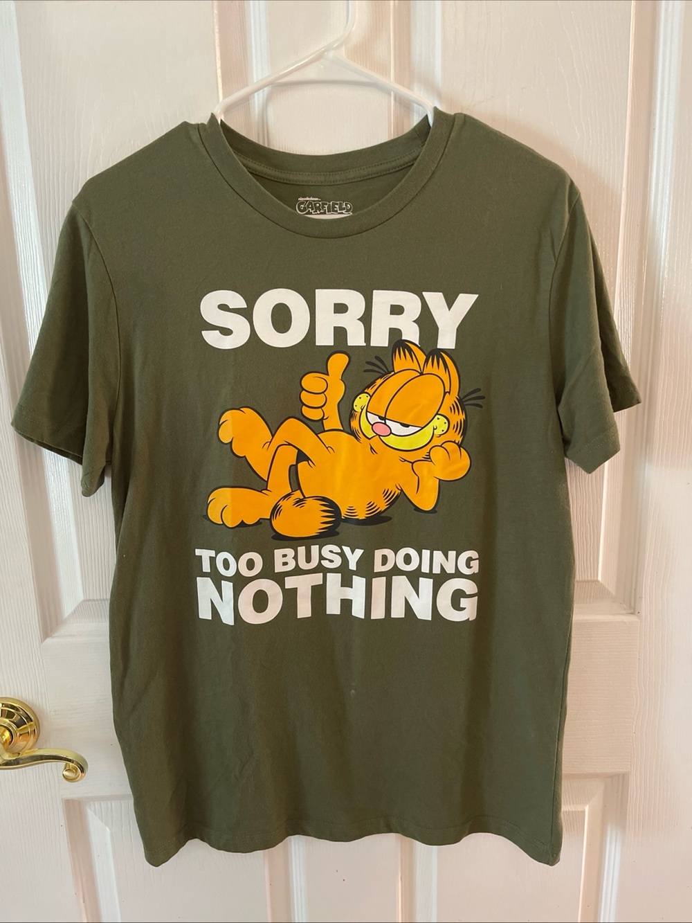 Nickelodeon Olive Green Garfield 'Sorry Too Busy Doing Nothing' Tee